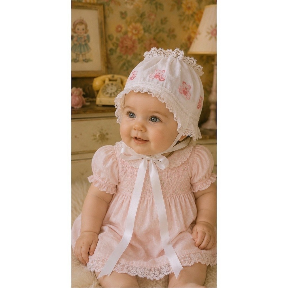 Feltman Bros Vtg Baby Bonnet White Pink embroidered Teddy Bear Lace Ribbon Tie